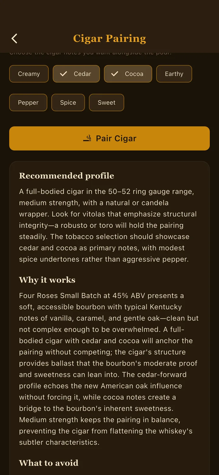 Whiskey Thief Cigar Pairing screen with a recommended profile