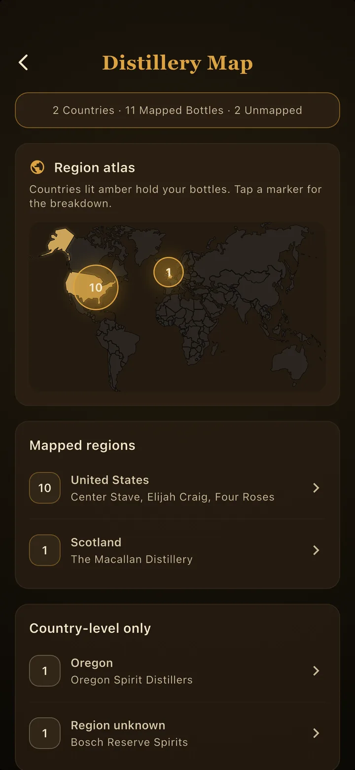 Whiskey Thief Distillery Map lighting up regions you own