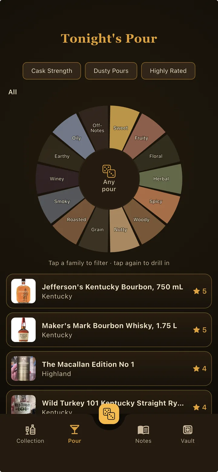 Whiskey Thief Tonight's Pour screen showing a flavor wheel for choosing a pour