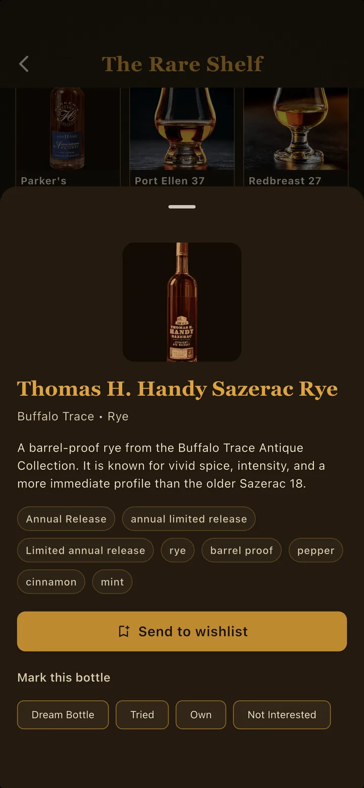 Whiskey Thief Rare Shelf screen showing a collector atlas entry for a rare bottle