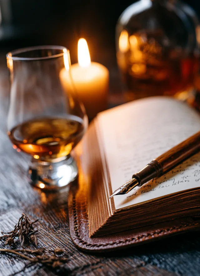 A tasting journal and pen beside a glass of whiskey by candlelight