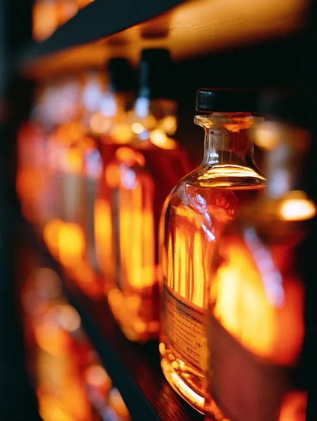 A warmly lit shelf of amber whiskey bottles