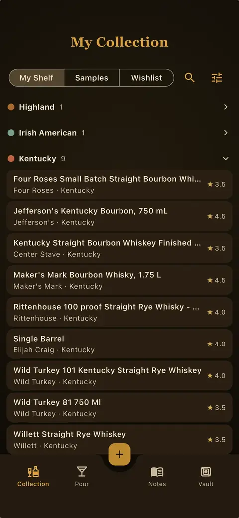 Whiskey Thief My Collection screen listing owned bottles with ratings
